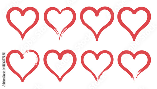 Set of hand drawn red heart silhouette icons with sketchy brush strokes and textured love symbols isolated on white background.