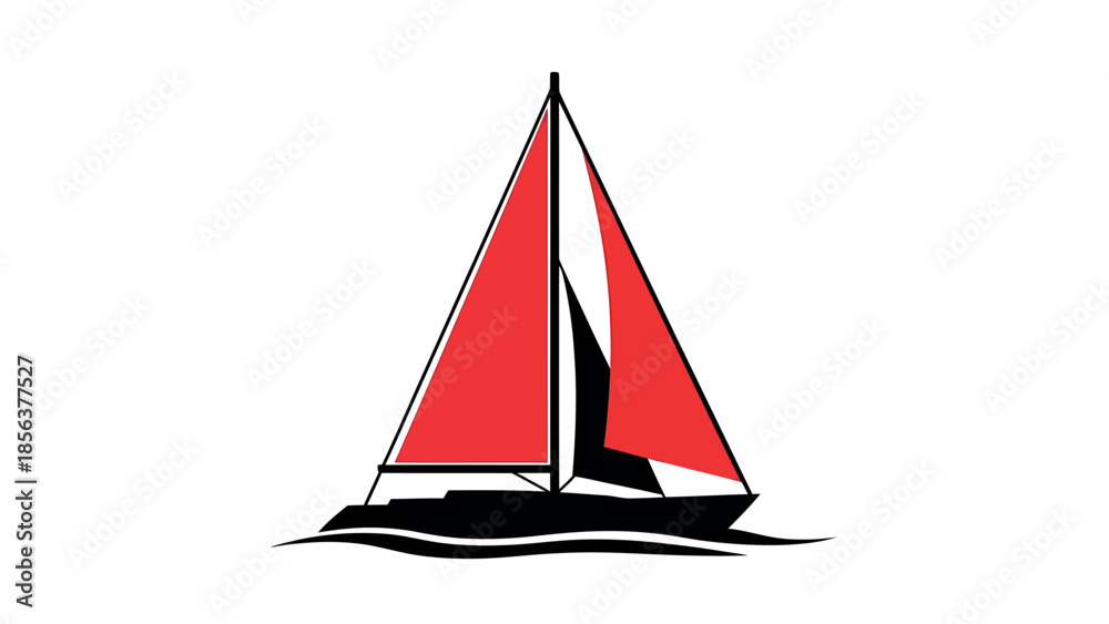 Fototapeta premium Sailboat with Red Sails in Simple Flat Design on White Background for Logo or Icon