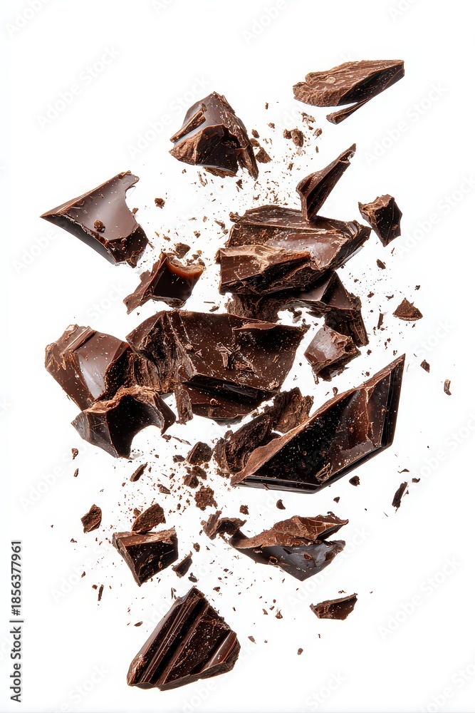 Fototapeta premium Dark Chocolate Pieces Exploding in a Dynamic Mid Air Composition on White Background