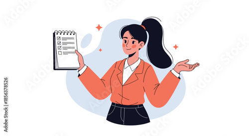 Happy businesswoman with a ponytail holding a clipboard with a completed checklist, representing productivity, organization, and success.