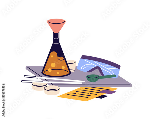 Chemistry research with beaker. Glass flask, protective glasses and lab tools for chemical experiment. Medical laboratory equipment, supplies. Flat isolated vector illustration on white background