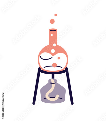 Chemical experiment in laboratory. Chemistry research with lab flask on burner. Glass beaker with boiling water for discovery. Alchemy equipment. Flat isolated vector illustration on white background