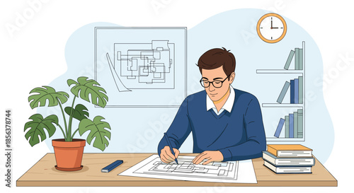 Focused young male architect sitting at a wooden desk, diligently working on architectural blueprints with a pen in a bright office.