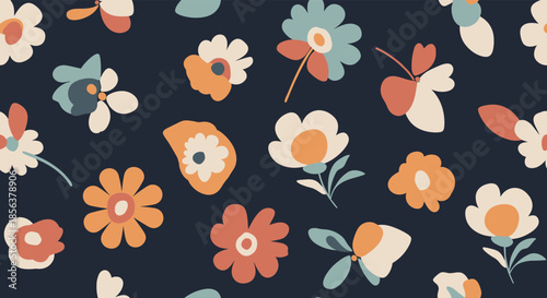 Seamless pattern with stylized retro flowers in muted colors on a dark navy background, creating a vintage and artistic floral texture.