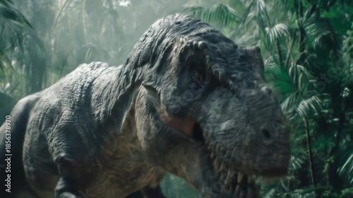 A towering tyrannosaurus rex roars through a misty jungle massive teeth bared beneath sunlit leaves!
