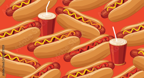 Seamless repeating background pattern of delicious hot dogs with mustard and ketchup, alongside refreshing soda cups, on a red background.
