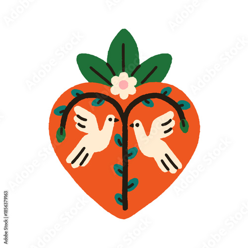 Mexican heart with peace dove birds, leaf and flower crown. Sacred spiritual ...