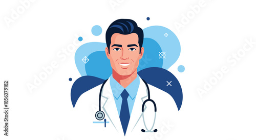 Professional and friendly male doctor with a stethoscope around his neck, smiling confidently in a modern, stylized portrait avatar.