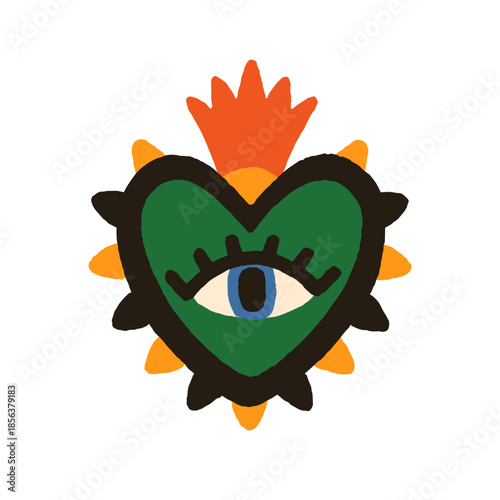 Mexican heart, love symbol with watching looking esoteric eye and crown. Mystic corazon from Mexico culture. Sacred spiritual folk valentine. Flat vector illustration isolated on white background