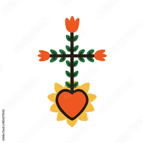 Mexican heart with flower and leaf, religious cross. Love and valentine symbo...