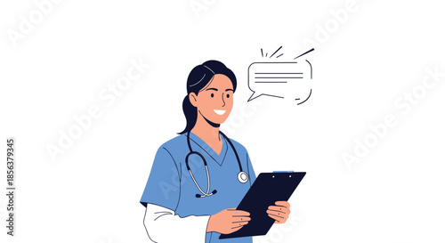 Friendly female doctor or nurse in scrubs with a stethoscope, holding a clipboard and talking, with a speech bubble for communication.