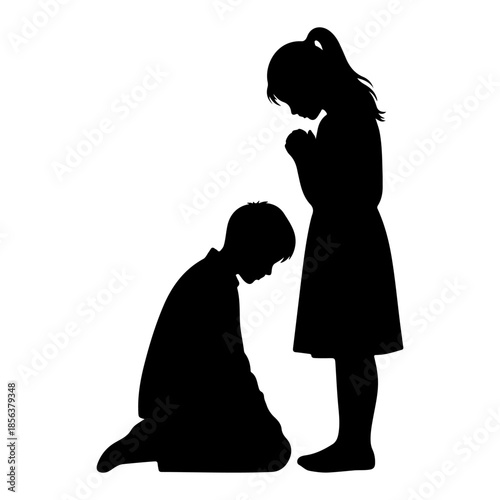 Two children praying together on a white background Vector