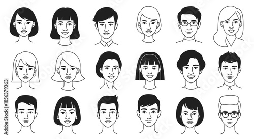 Diverse set of eighteen black and white portraits of men and women with different hairstyles, expressions, and features for avatars.