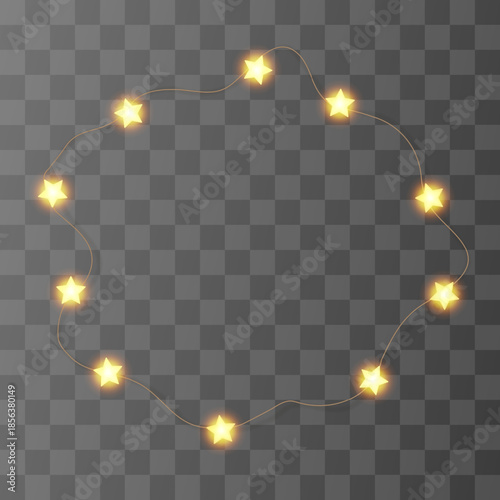 Light string Xmas frame, fairy star bulb garland. Merry chirstmas glitter wreath png, ball festoon vector decor. Christmas 3d warm shine isolated, noel lamp line element, gold bokeh wedding decoration