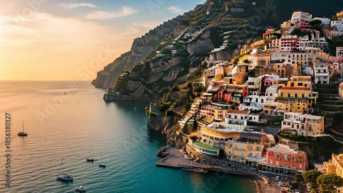 Coastal Town on Cliffside at Sunset.