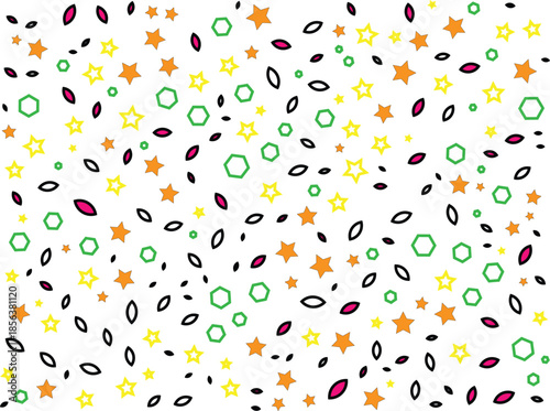 Abstract seamless pattern with scattered stars, hexagons, and leaf shapes in vibrant colors