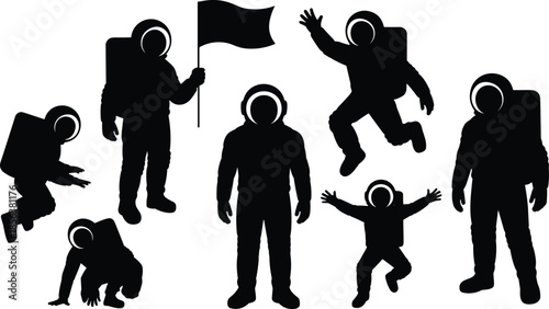Silhouettes of Astronauts in Various Poses with Flag