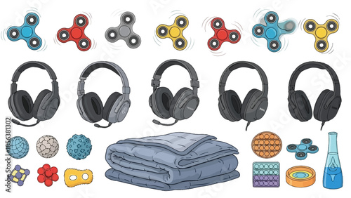 Sensory toys and ADHD tools for focus and stress relief vector