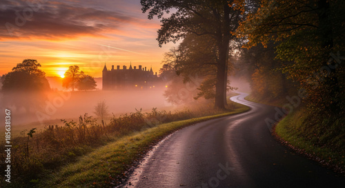 Winding road leading to misty castle at sunrise manor