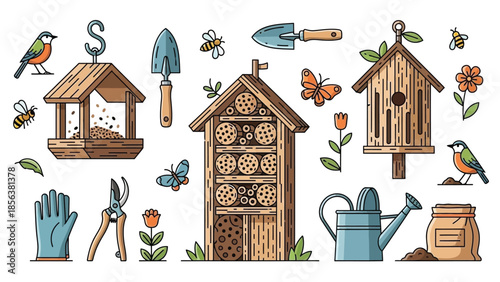 Garden Wildlife Set with Insect Hotel Birdhouse and Tools Vector