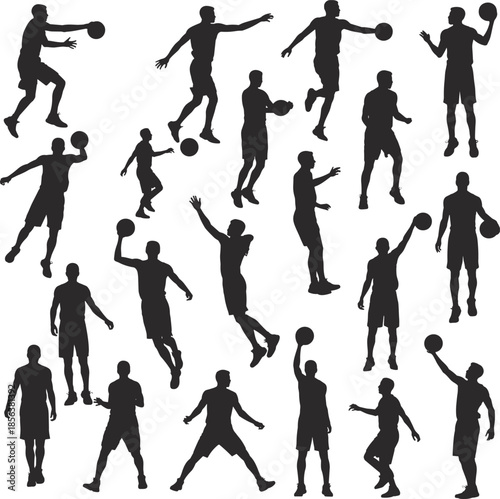 Silhouettes of basketball players in action with basketballs 1