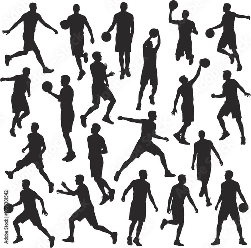Silhouettes of basketball players in various dynamic poses