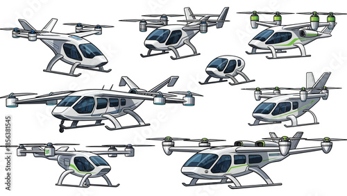 Futuristic eVTOL aircraft set urban air mobility drones vector