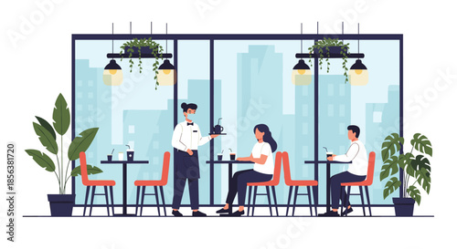 Modern cafe interior with a waiter serving a customer while people sit at tables by a window with a city view in the background.