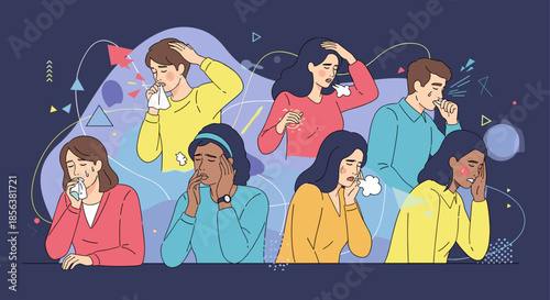 Group of people experiencing various symptoms of illness like coughing, sneezing, and fever against a colorful abstract backdrop.