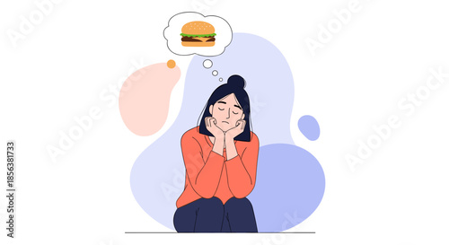 Sad woman sitting and thinking about a delicious burger representing hunger, cravings, or dieting struggles in an illustration.