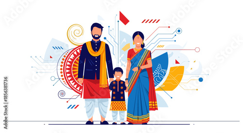 Illustration of a traditional Indian family consisting of a father, mother, and son dressed in colorful ethnic clothing.