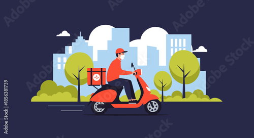 Delivery man wearing a protective mask and riding a red scooter through a city park with buildings in the background.