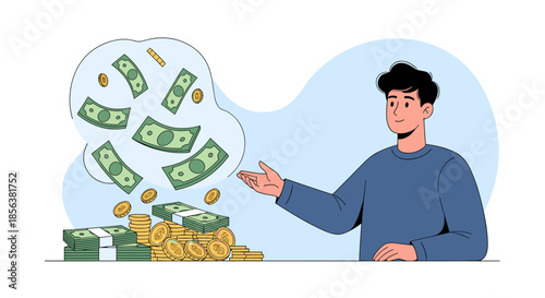 Happy man gesturing towards stacks of money and falling bills to represent financial success, wealth, and earning potential.