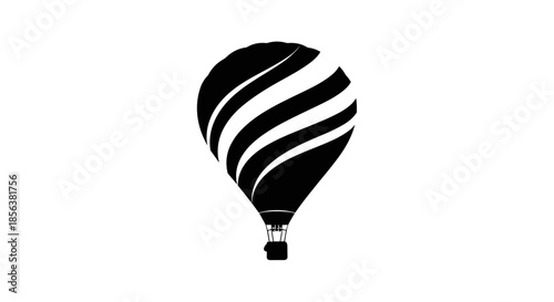 Black and white silhouette icon of a hot air balloon with a striped pattern representing travel, adventure, and flight.