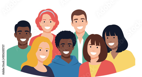 Portrait of a diverse group of smiling young men and women representing unity, friendship, and community in a flat design.