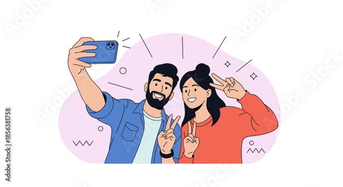 Cheerful couple posing for a selfie with a smartphone and peace signs against a simple pink background with graphic elements.