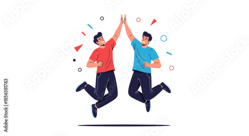 Two young men jumping and giving each other a high five to celebrate a shared success or moment of joy in a dynamic scene.