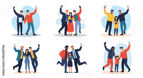 Set of different groups and families taking selfies with their smartphones to capture happy moments and shared memories.