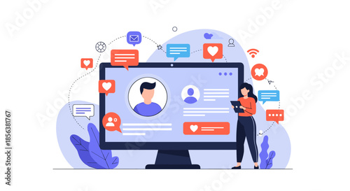 Large computer monitor displaying a social media profile surrounded by floating notification icons and a woman using a tablet.