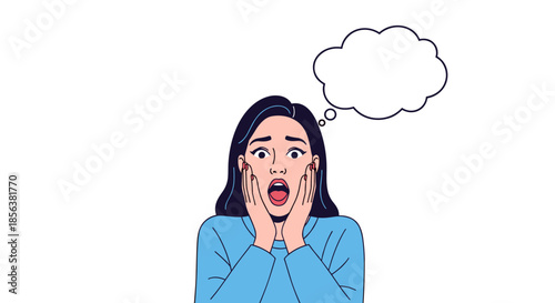 Shocked and surprised woman with her hands on her face and an empty thought bubble above for customizable text or ideas.