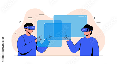 Two men wearing virtual reality headsets and interacting with floating digital screens and interfaces in a futuristic setting.