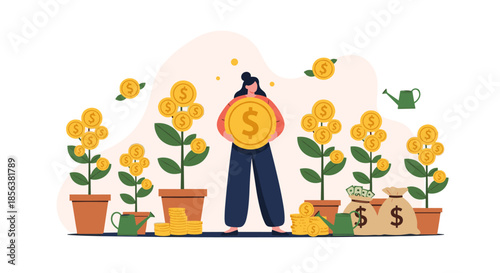 Successful gardener standing in a money garden holding a giant gold coin symbolizes financial growth and investment success.
