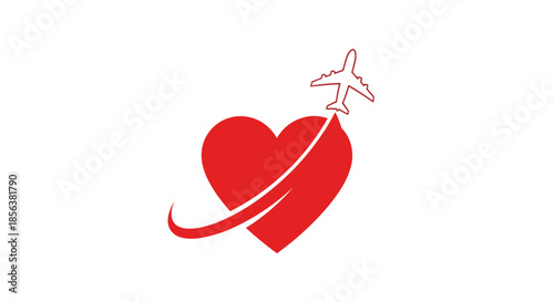 Red heart shape with an airplane flying through it creates a symbolic representation of a passion for travel and adventure.