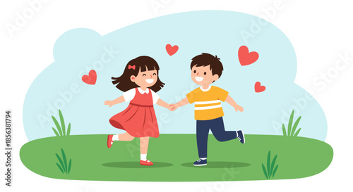 Cute young boy and girl holding hands and dancing happily in a green meadow surrounded by floating red hearts of friendship.