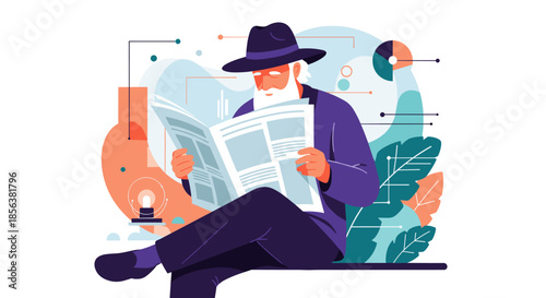 Distinguished elderly man with a white beard and a stylish hat focuses on reading a newspaper against a modern abstract backdrop.