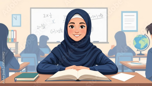 Smiling Muslim student in hijab at desk with open book learning in classroom education concept illustration