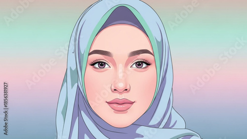 Portrait of a young Muslim woman wearing a light blue hijab detailed illustration with soft pastel background representing diversity an