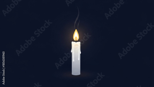 Single white candle burning with a gentle flame and smoke isolated on a dark background representing hope and warmth