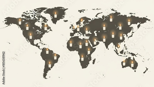 World map with lit candles symbolizing global unity and remembrance a concept for peace and international connection