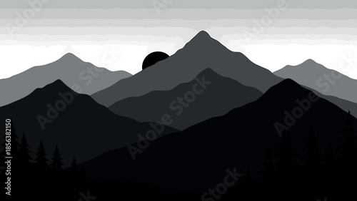 Mountain Silhouette with Gradient Sky in Minimalist Style with Black and Gray Tones for Landscape Background